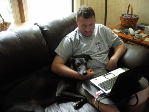 Adopted greyhound Boo, with her Daddy